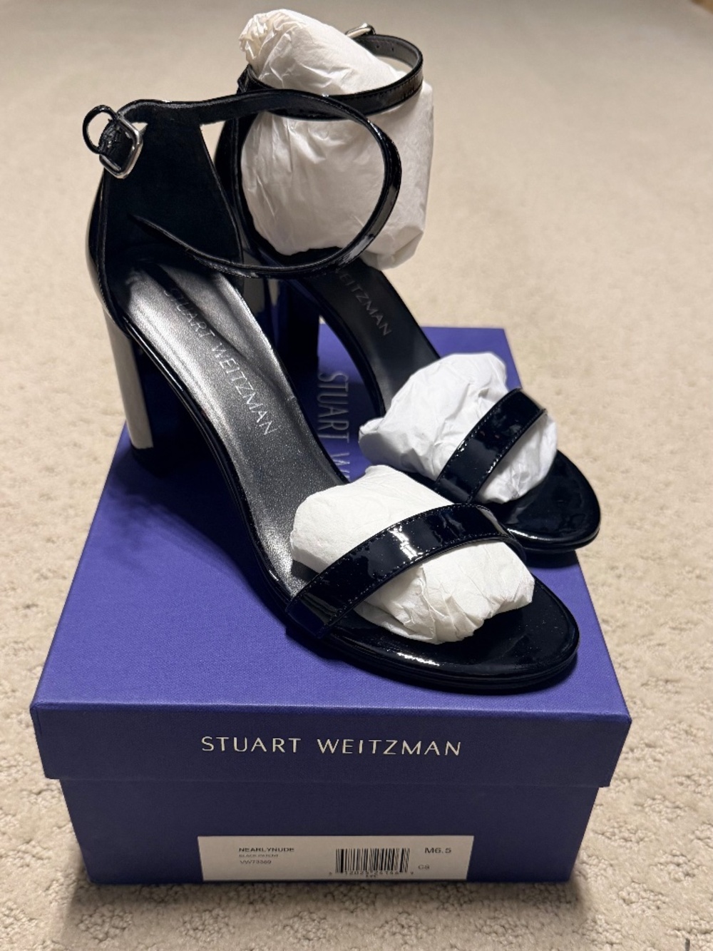 Stuart Weitzman NearlyNude Black Patent Block Heel Ankle Strap Sandals 6.5 NIB